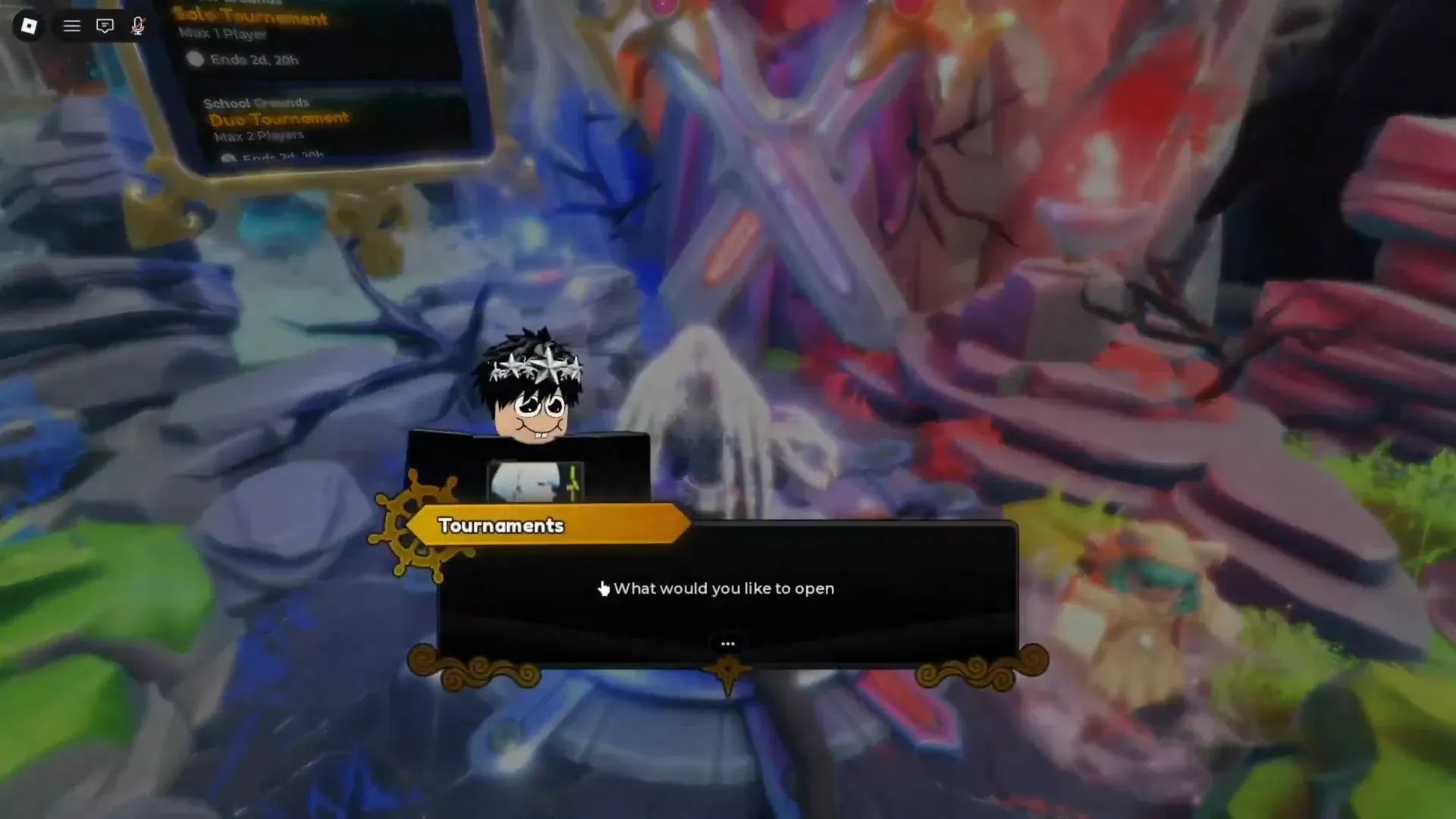 School Grounds world board. Solo and Duo listings sit beside a Tournaments prompt that asks what you want to open.