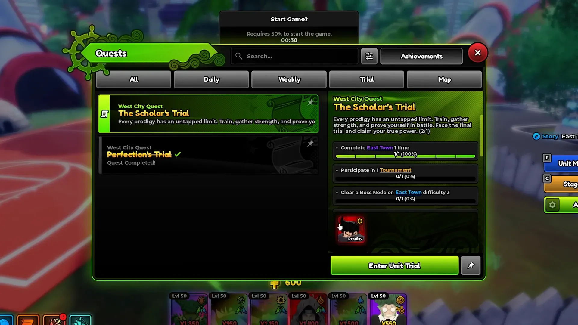 Quests window on The Scholar's Trial. East Town steps and Enter Unit Trial sit under Prodigy.